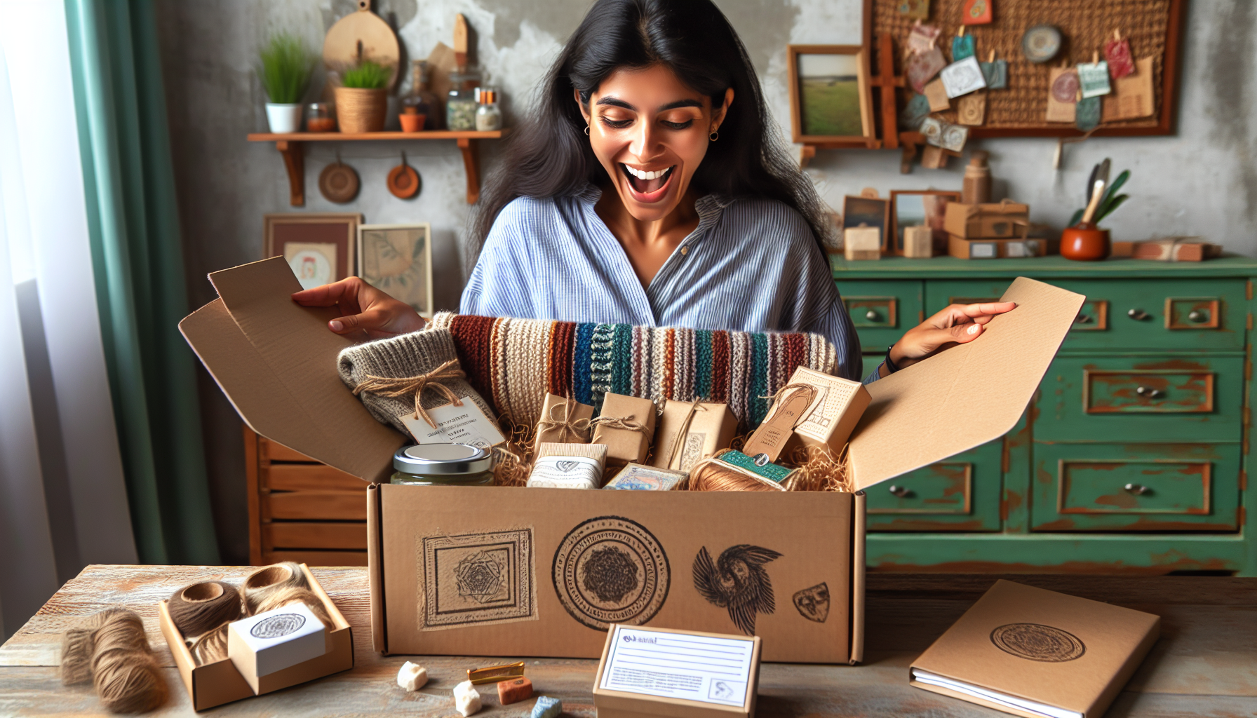 A woman smiles excitedly while opening a cardboard box filled with assorted craft supplies and handmade items. In the background, a green cabinet and various crafts are visible, reminding her of the Loyalty Program Benefits she enjoys as part of a loyal community.