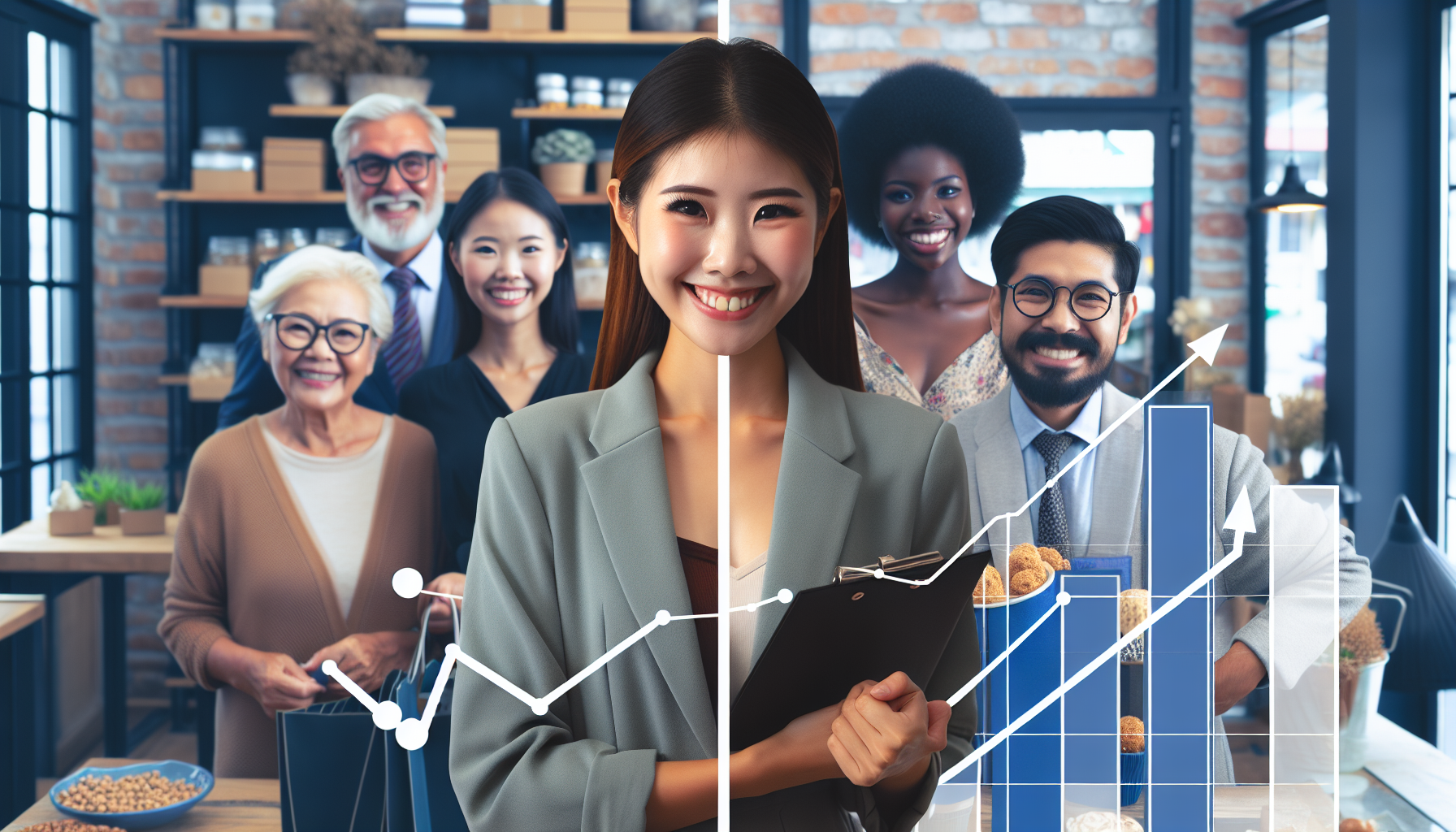 A diverse group of smiling professionals stands in an office, with overlaid line and bar graphs representing business growth and success, highlighting effective customer loyalty program examples.