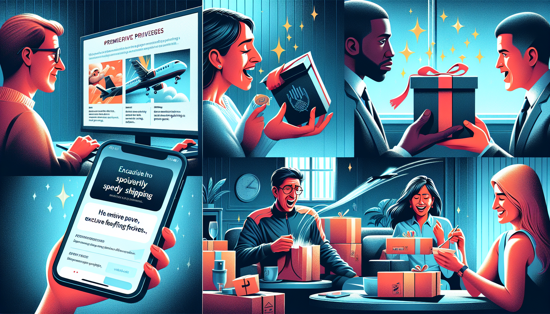 A collage of diverse people enjoying speedy shipping services: online shopping, a couple exchanging gifts, friends opening packages, and notifications of exclusive membership benefits, all depicted in a vibrant, animated style.