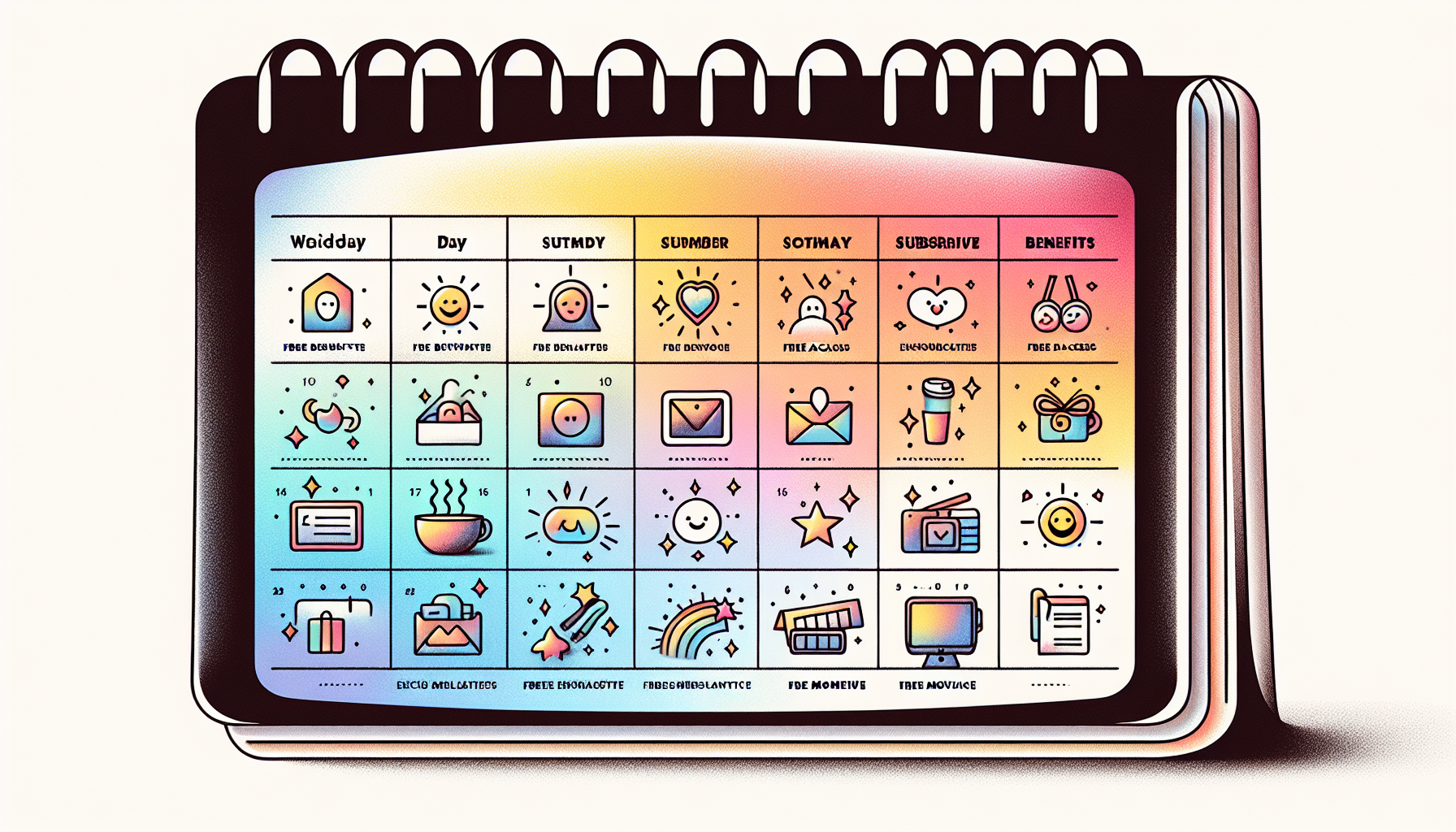 A colorful, stylized calendar with icons representing activities or themes tied to a rewards system for each day. Each day's title and icon vary, set against a gradient background.