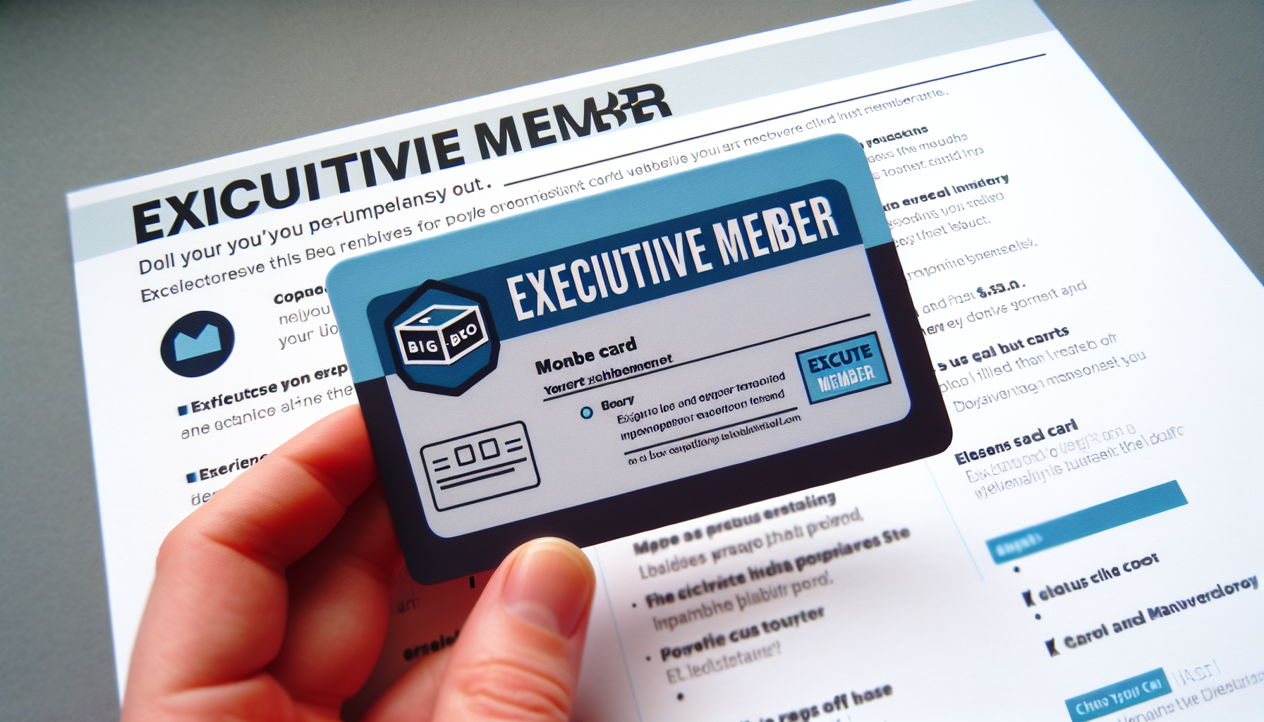 A hand holds a plastic "EXECUTIVE MEMBER" card overlaid on a document. The document contains text and graphics about executive membership details, benefits, and measuring customer loyalty.