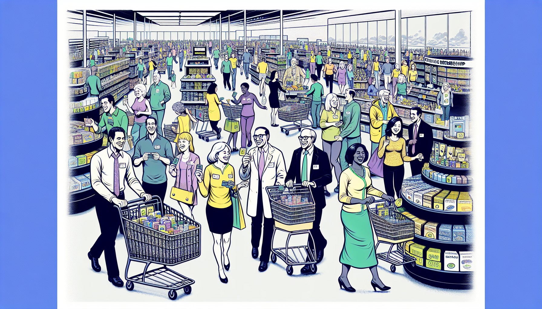 Illustration of a busy supermarket with numerous shoppers and employees interacting, pushing carts, and browsing shelves stocked with various products, highlighting effective retail marketing strategies that encourage repeat purchases.