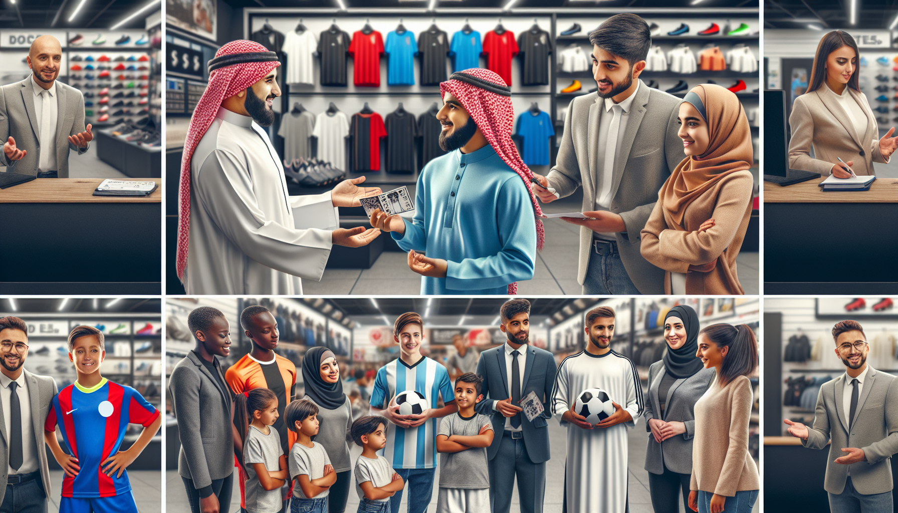 A series of images showing people interacting in a sports apparel store. Scenes include discussions, children holding soccer balls, and adults in various traditional and modern clothing, highlighting the store's customer retention efforts through reward systems encouraging repeat purchases.