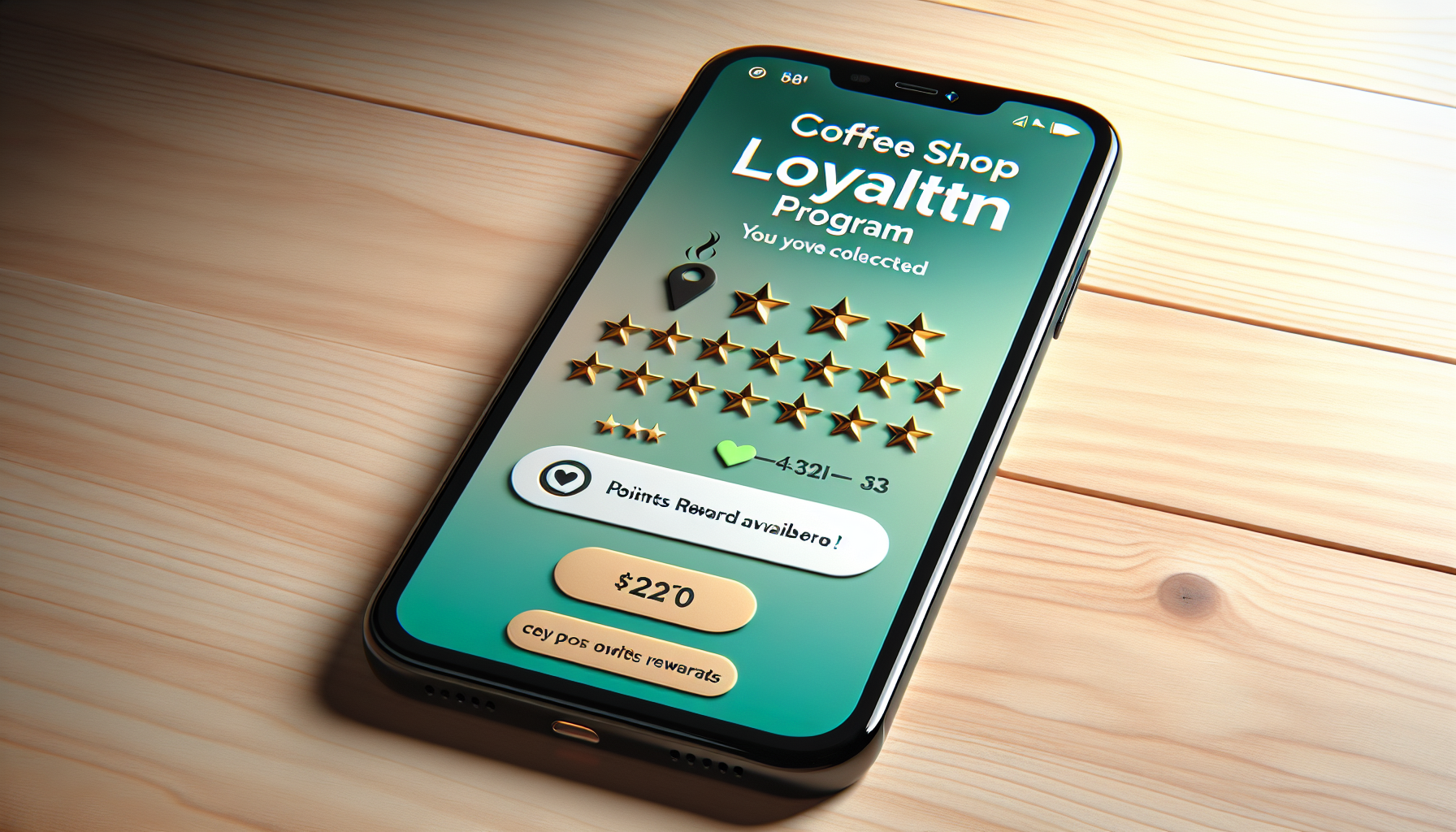 A smartphone displays a coffee shop loyalty program app, showcasing customer loyalty metrics with collected points and a "$2.20" button to redeem rewards for offers.