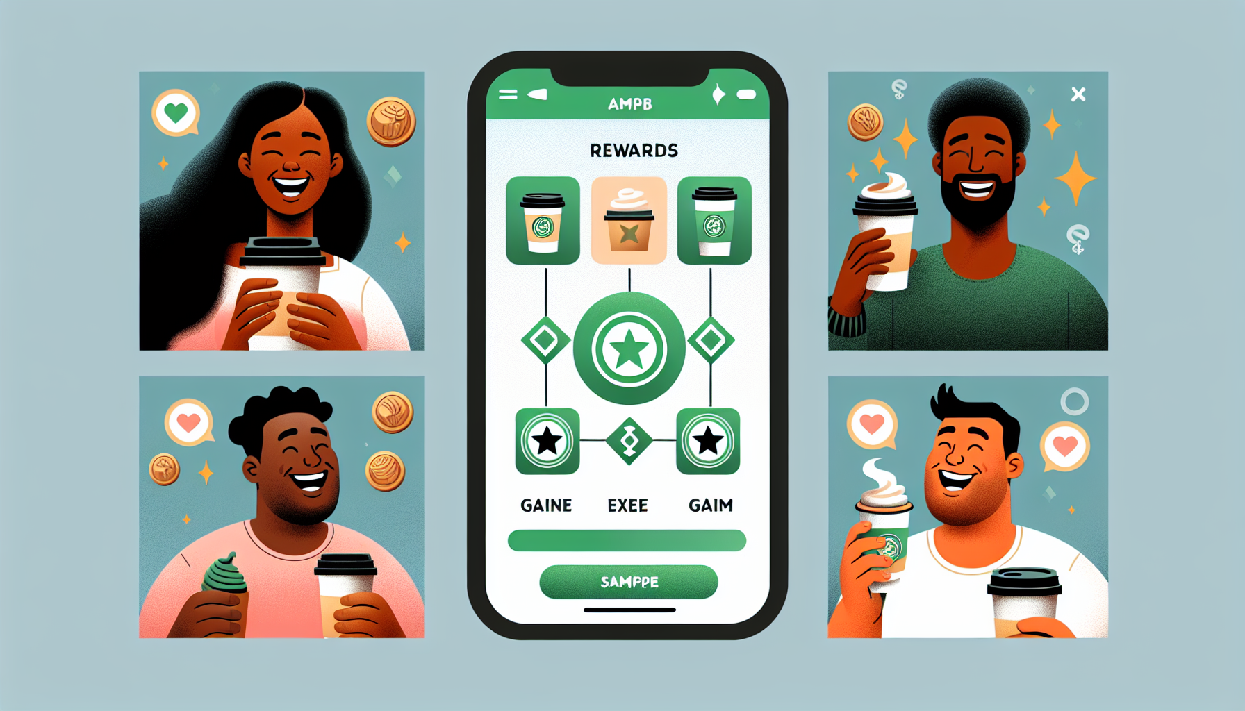 Illustration showing a smartphone app with a rewards program and four people smiling and holding drinks. The app screen displays a progress tracker with icons for coffee and repeat purchases, highlighting the importance of customer retention in loyalty programs.