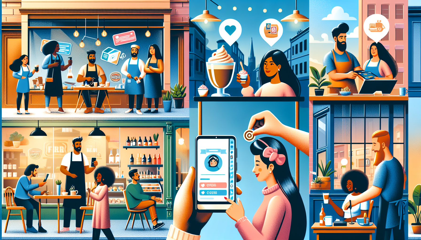 A collage of people using smartphones to interact with food businesses, including ordering, cooking, and dining, in various urban settings. The focus is on convenience and connectivity through apps and mobile loyalty solutions.