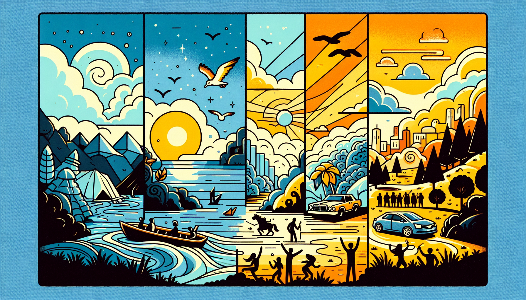 Colorful illustration depicting four scenes: snowy mountains, ocean with boats, tropical beach, and bustling city, each divided vertically and filled with vibrant details and various activities. Discover each scene through the eyes of a Starbucks member rewards enthusiast enjoying their favorite blend in every location.