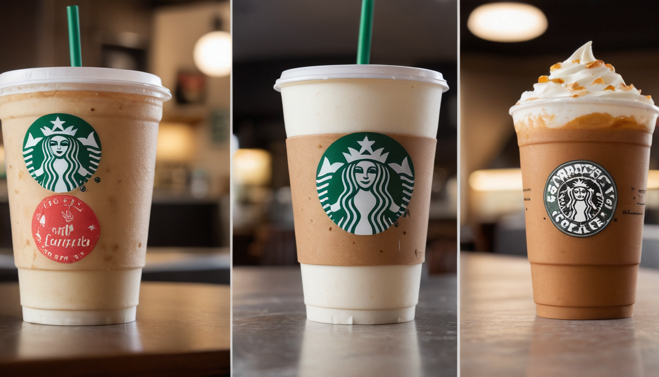 Three Starbucks drinks are displayed side by side: a beige iced coffee with a red sticker, a vanilla beverage with a brown sleeve, and a caramel frappuccino with whipped cream and caramel drizzle—exemplifying how their business loyalty programs enhance customer engagement strategies effectively.