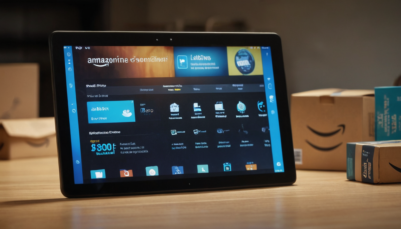 A tablet displaying an online shopping website's home screen rests on a wooden table. Amazon-branded packages and boxes are scattered in the background, showcasing the success of their customer rewards systems.