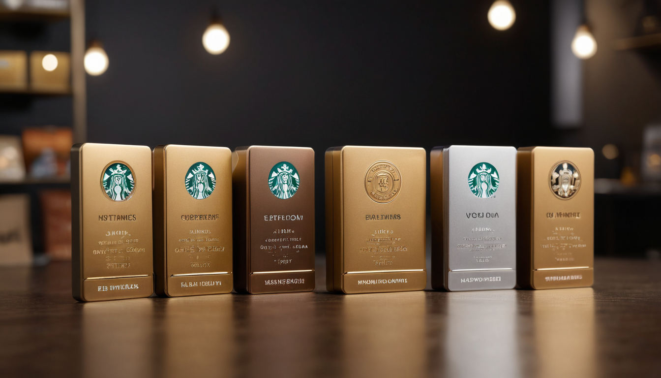 A lineup of seven gold bars, each engraved with the Starbucks logo and various inscriptions, displayed on a wooden surface with a blurred background, serves as an exquisite representation of loyalty program strategies.