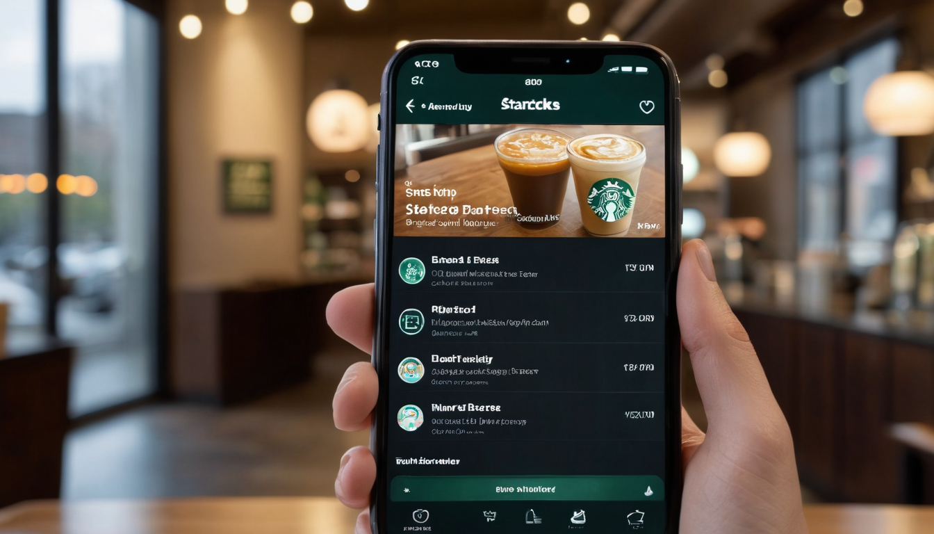 Close-up of a hand holding a smartphone displaying a Starbucks app. The background shows the interior of a Starbucks café, including tables, chairs, and lighting. The app screen highlights membership level perks designed to boost customer engagement incentives.