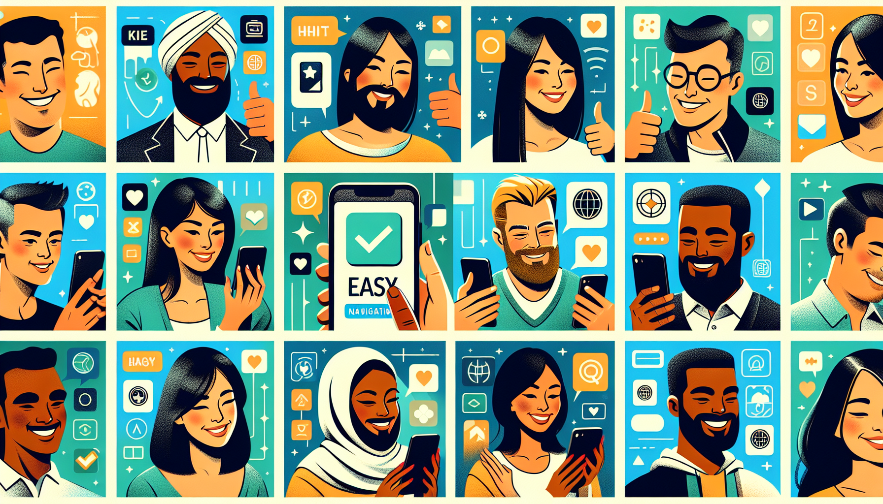 A grid of diverse people using smartphones, smiling and interacting with various apps and icons, including social media, messaging, navigation tools, and business loyalty strategies.