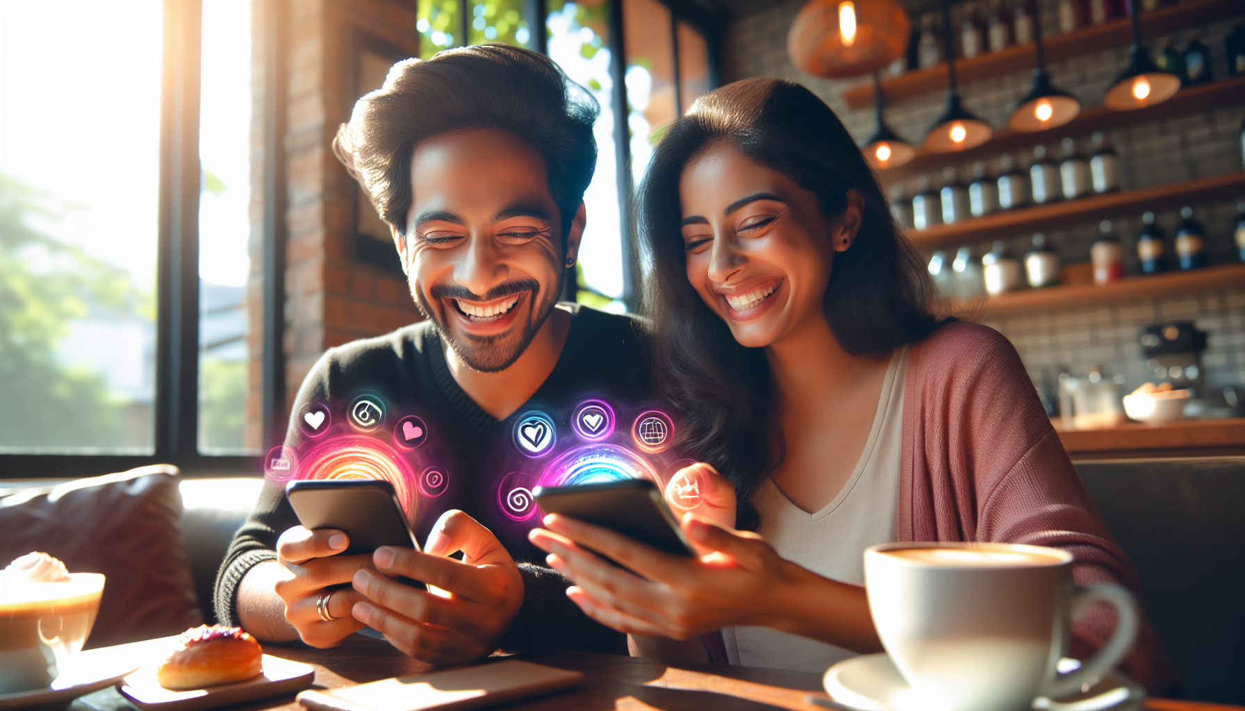 A smiling man and woman sit in a cozy coffee shop, looking at their smartphones which display colorful, holographic social media icons. A table with coffee and pastries is in front of them, perhaps brainstorming new loyalty program ideas to enhance customer retention strategies.