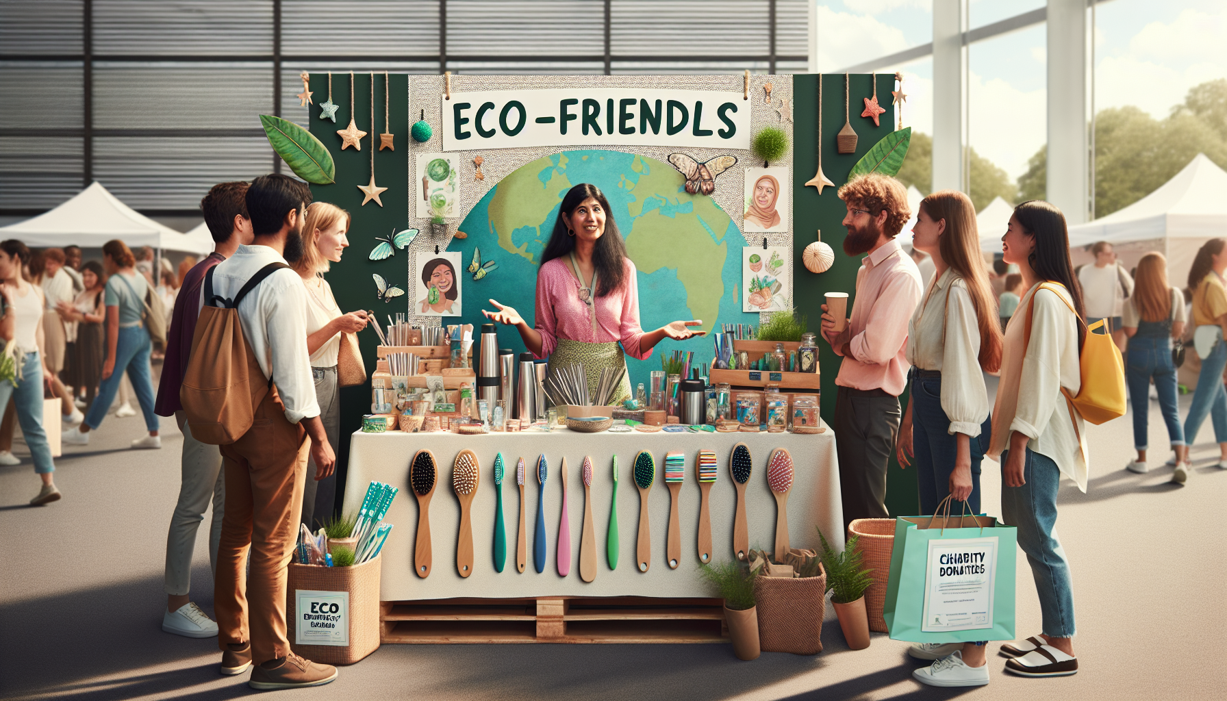 A person stands behind an "Eco-Friends" booth talking to a group of people at an outdoor market, showcasing various eco-friendly products like bamboo brushes, reusable straws, and natural skincare items, while also highlighting their engaging tiered loyalty program aimed at boosting customer loyalty.