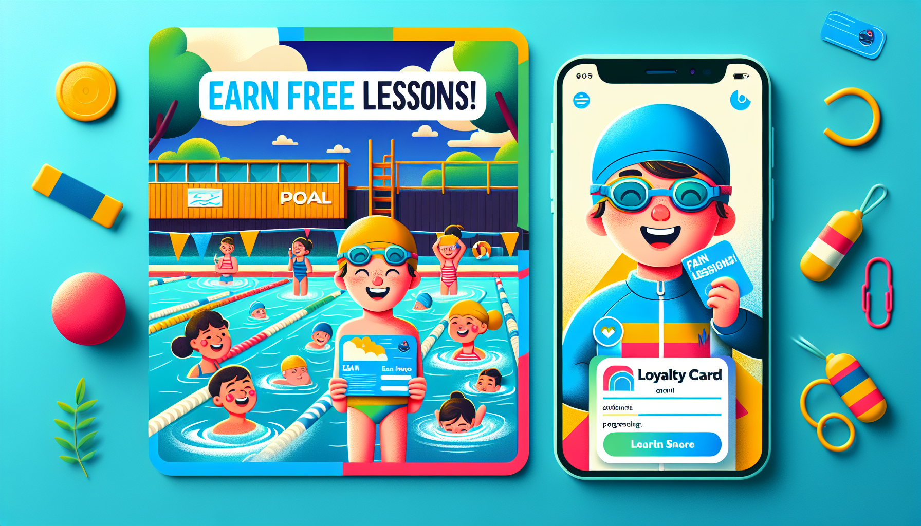 Illustration of kids swimming at a pool and a smartphone displaying a loyalty punch card for free swimming lessons. Text reads "Earn Free Lessons!" with swimmers and pool accessories in a bright, whimsical style.