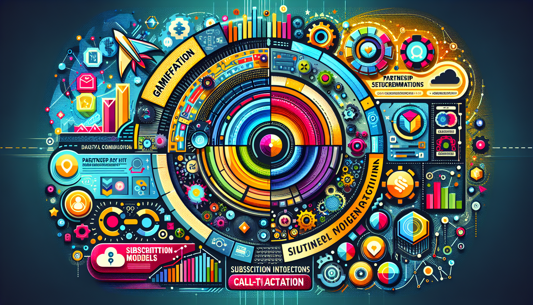 Colorful infographic illustrating data-driven concepts like gamification, B2B rewards programs, partnership recommendations, and user interactions in a circular design pattern.