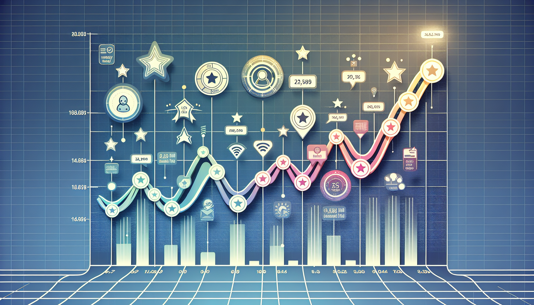 A 3D graph with multiple colorful lines, icons, and stars representing data points and trends on a grid background. The chart includes various symbols, numerical values indicating different metrics, and visual cues related to a customer rewards program.