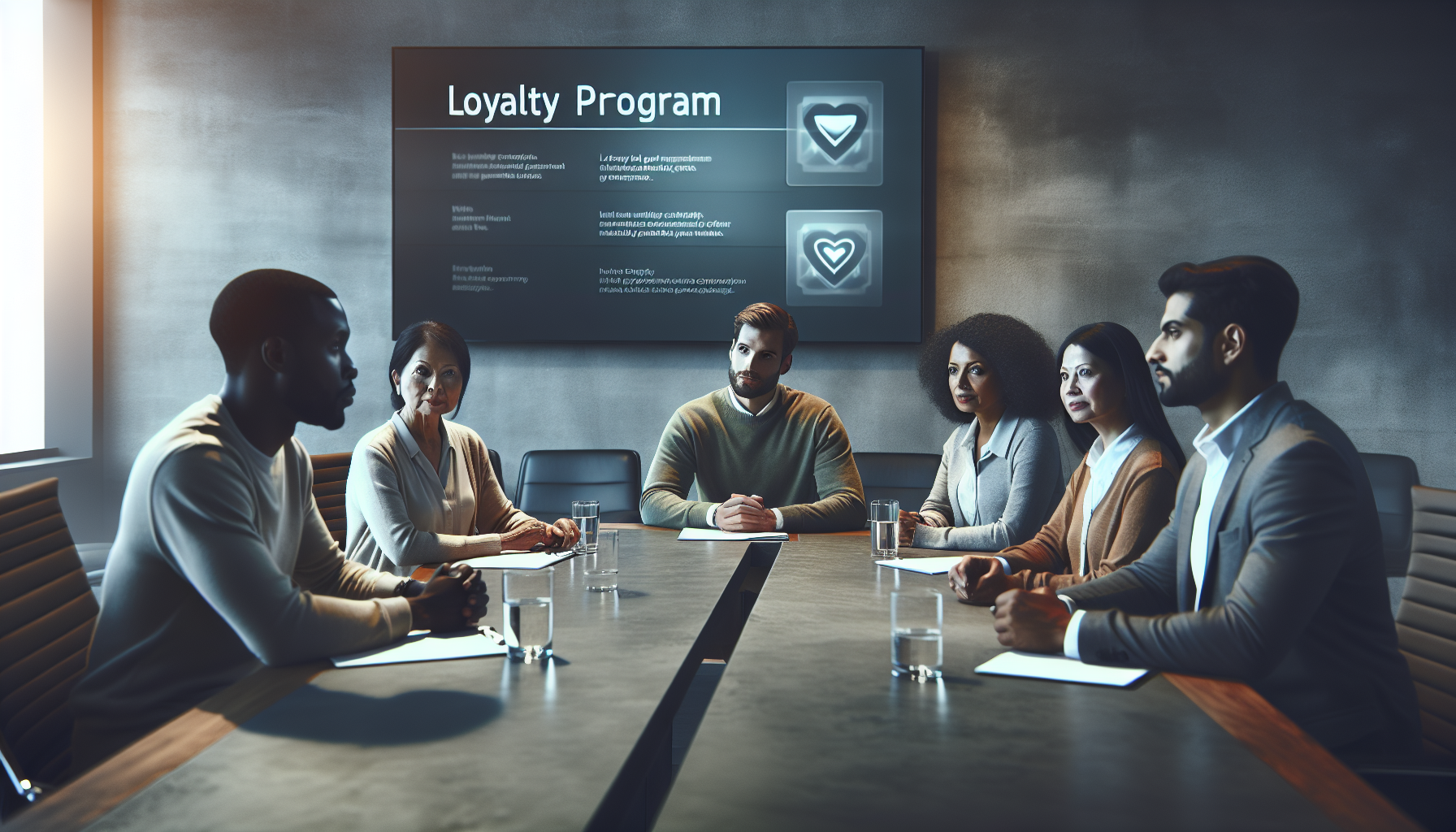 A group of six people in a modern conference room, discussing in front of a screen displaying "Name ideas for loyalty programs" details.