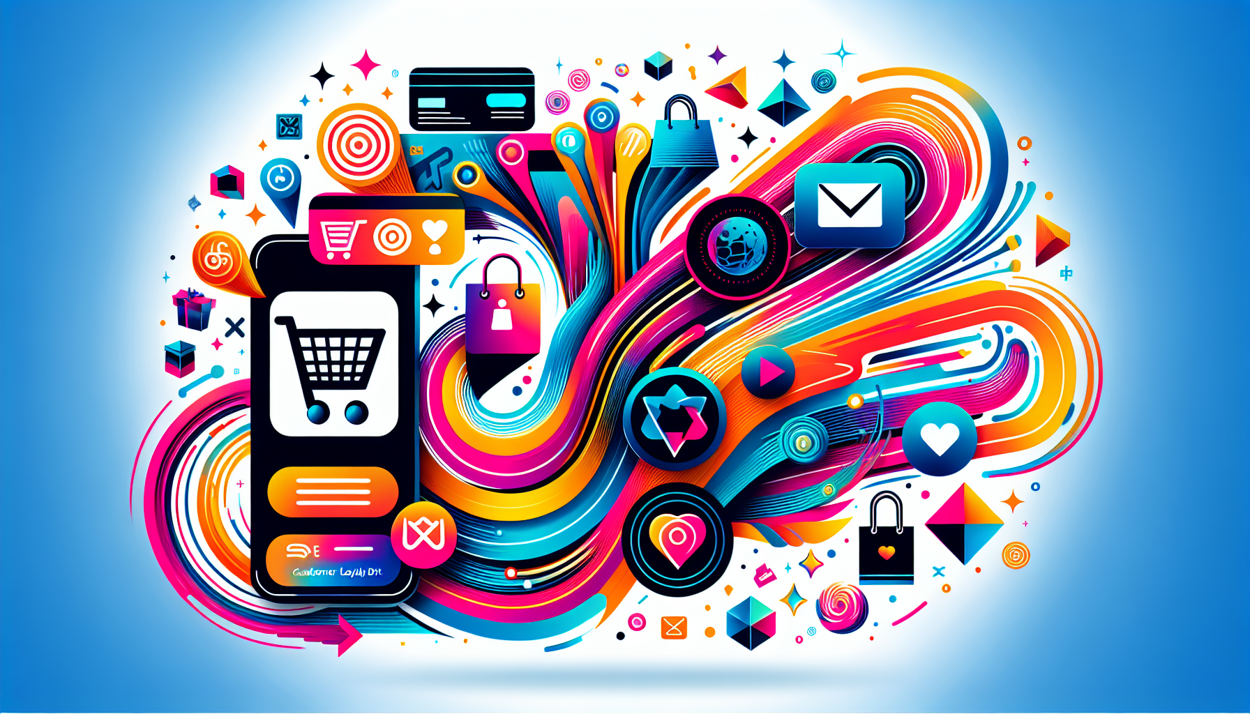 A vibrant digital illustration featuring a smartphone with a shopping cart icon surrounded by various colorful app icons and abstract swirls symbolizing online shopping, digital communication, and the benefits of loyalty programs for enhanced customer retention.