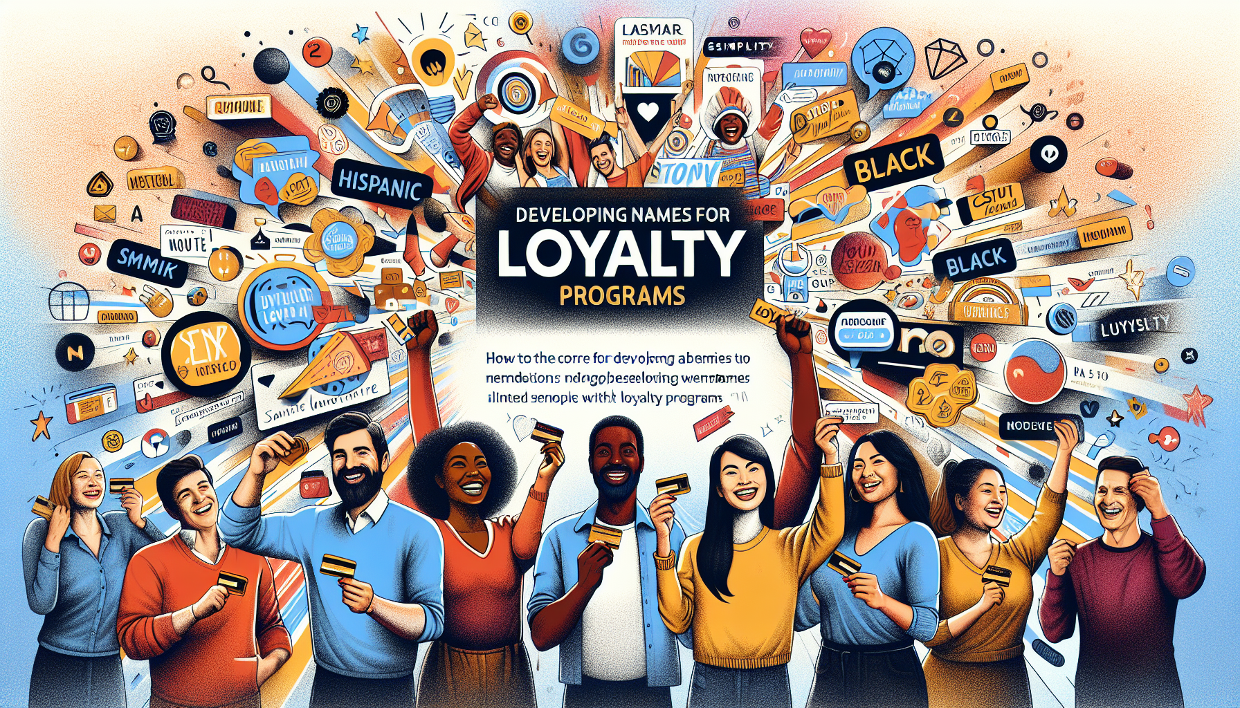 A diverse group of people holding loyalty cards are shown around a large central text that reads, "Creative Loyalty Program Names." The scene is filled with various icons and logos.