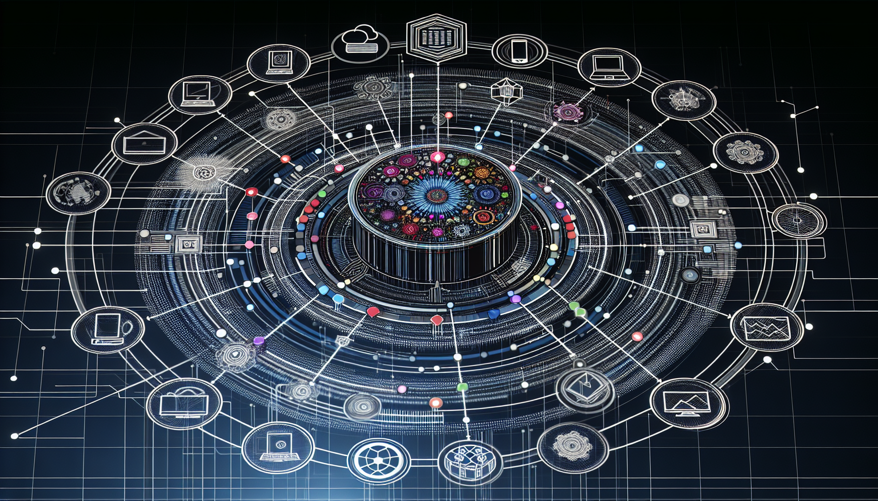 An intricate digital network diagram with interconnected icons representing various technologies and services, including a customer rewards program, surrounding a central, gear-like structure.