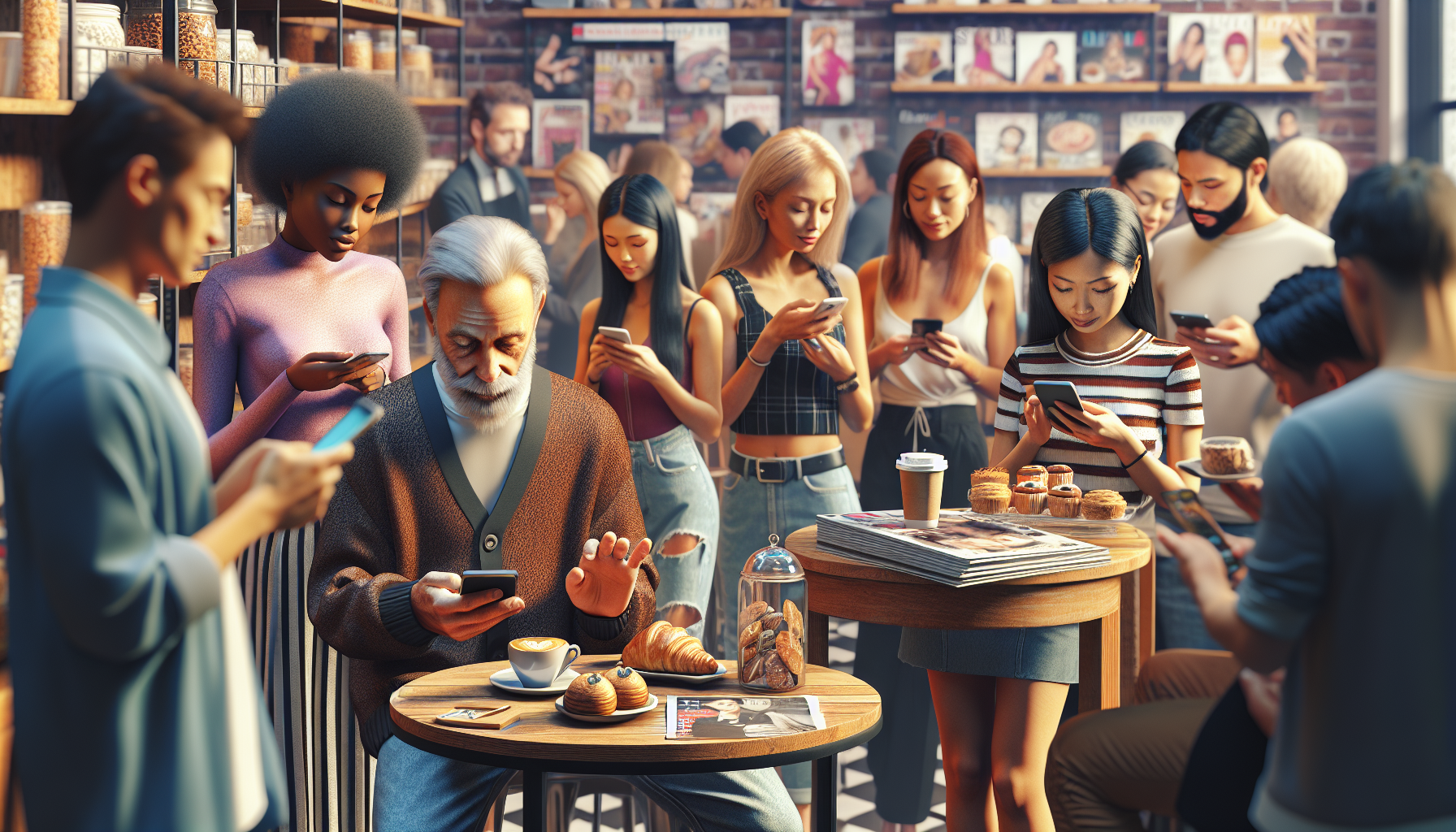 A group of diverse people sitting at tables in a cafe, all engrossed in their smartphones. Coffee, pastries, and magazines are on the tables. Shelves with jars and a barista in the background. Some patrons are checking their digital stamp cards through a mobile loyalty solution.