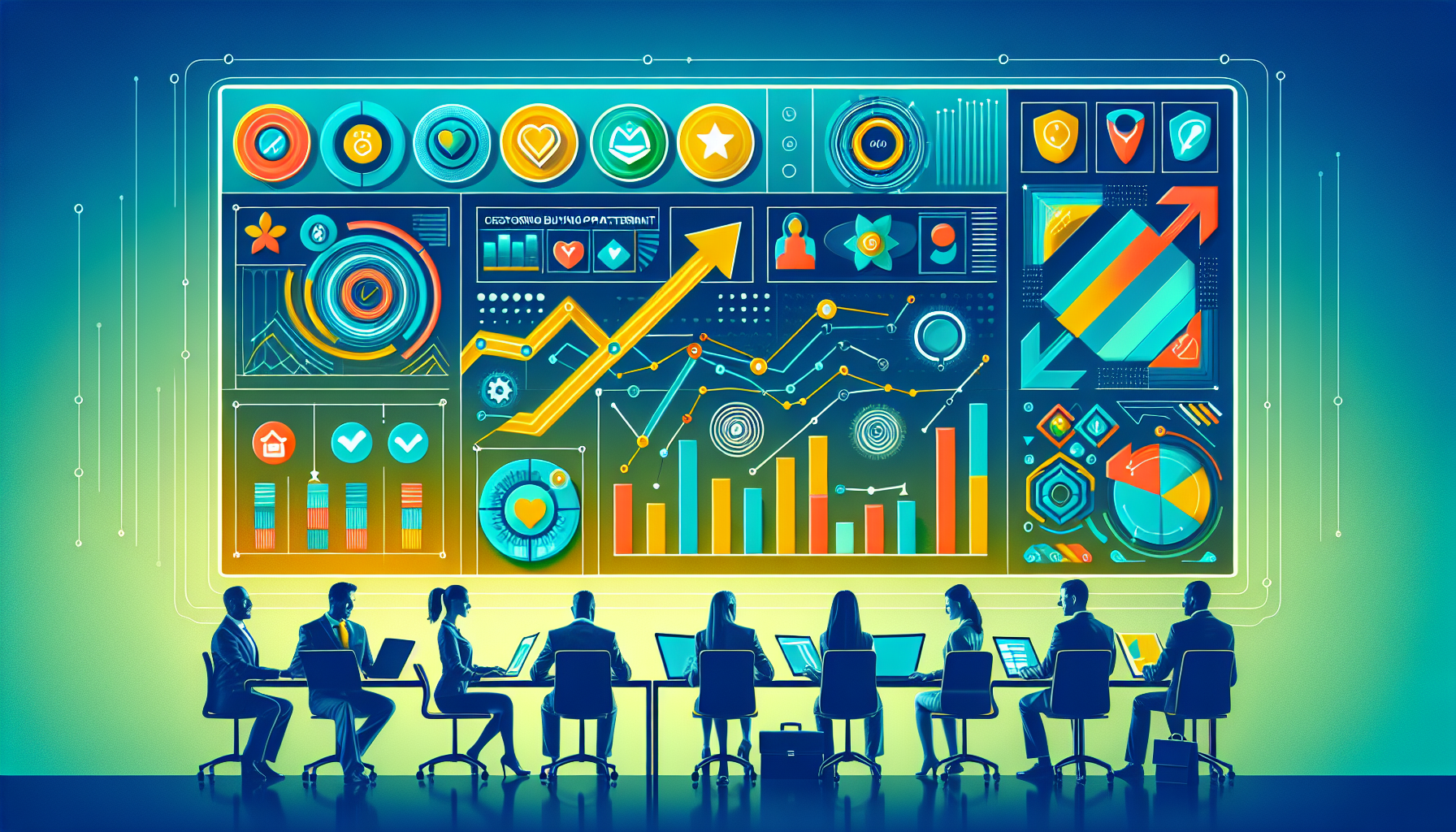 A group of people sit at a long table with laptops, analyzing colorful, data-filled charts and graphs displayed on a large screen in front of them, utilizing customer loyalty program software to enhance their strategies.