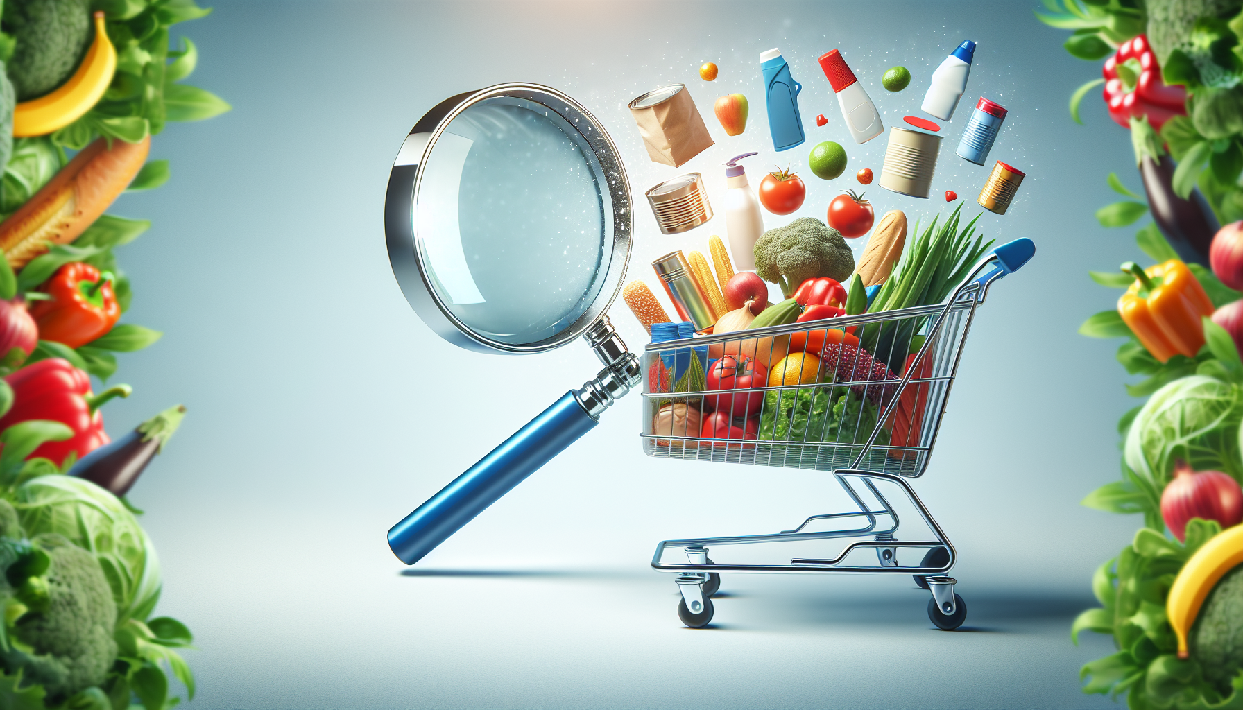 Magnifying glass focusing on a shopping cart filled with diverse groceries, including fruits, vegetables, canned goods, and dairy products, framed by leafy greens and other produce—reflecting evolving customer expectations.