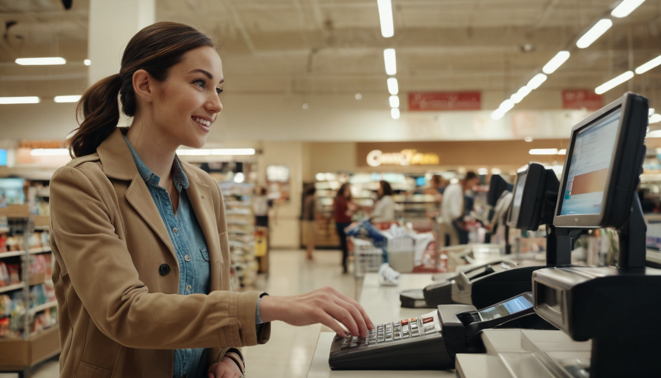 A woman at a supermarket checkout uses the keypad on a cash register. Shelves of products and other shoppers are visible in the background, illustrating loyalty program strategies in action.