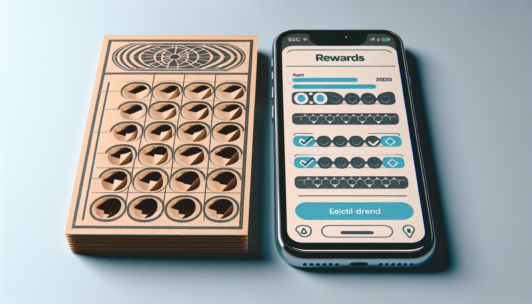 A smartphone displaying a rewards app is placed next to a wooden scratch card with several scratched circles, highlighting the seamless transition from traditional punch card reward systems to digital punch cards.