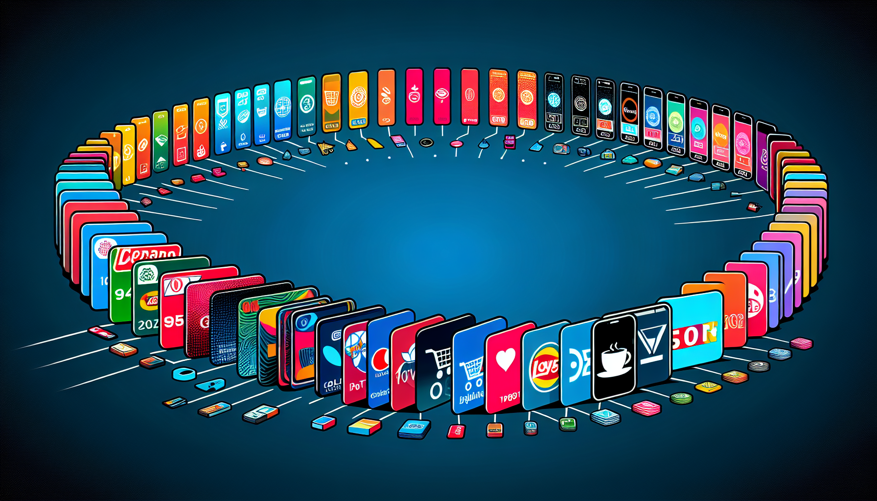 A circular arrangement of numerous smartphone screens displaying various mobile app icons on a dark blue background, highlighting the diverse world of digital loyalty program pricing.