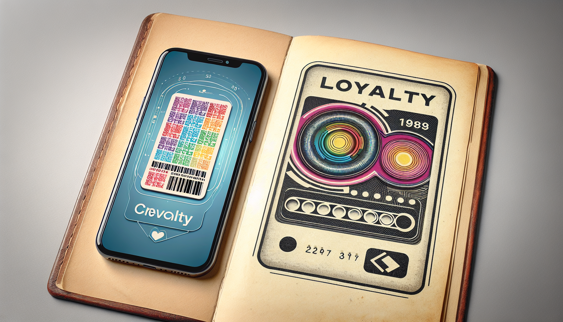 A smartphone displaying a colorful barcode and the word "Crevalty" rests on an open book with a retro-styled "Loyalty 1989" graphic on the right page, evoking the essence of Business Loyalty Strategies with a nod to small business retention.