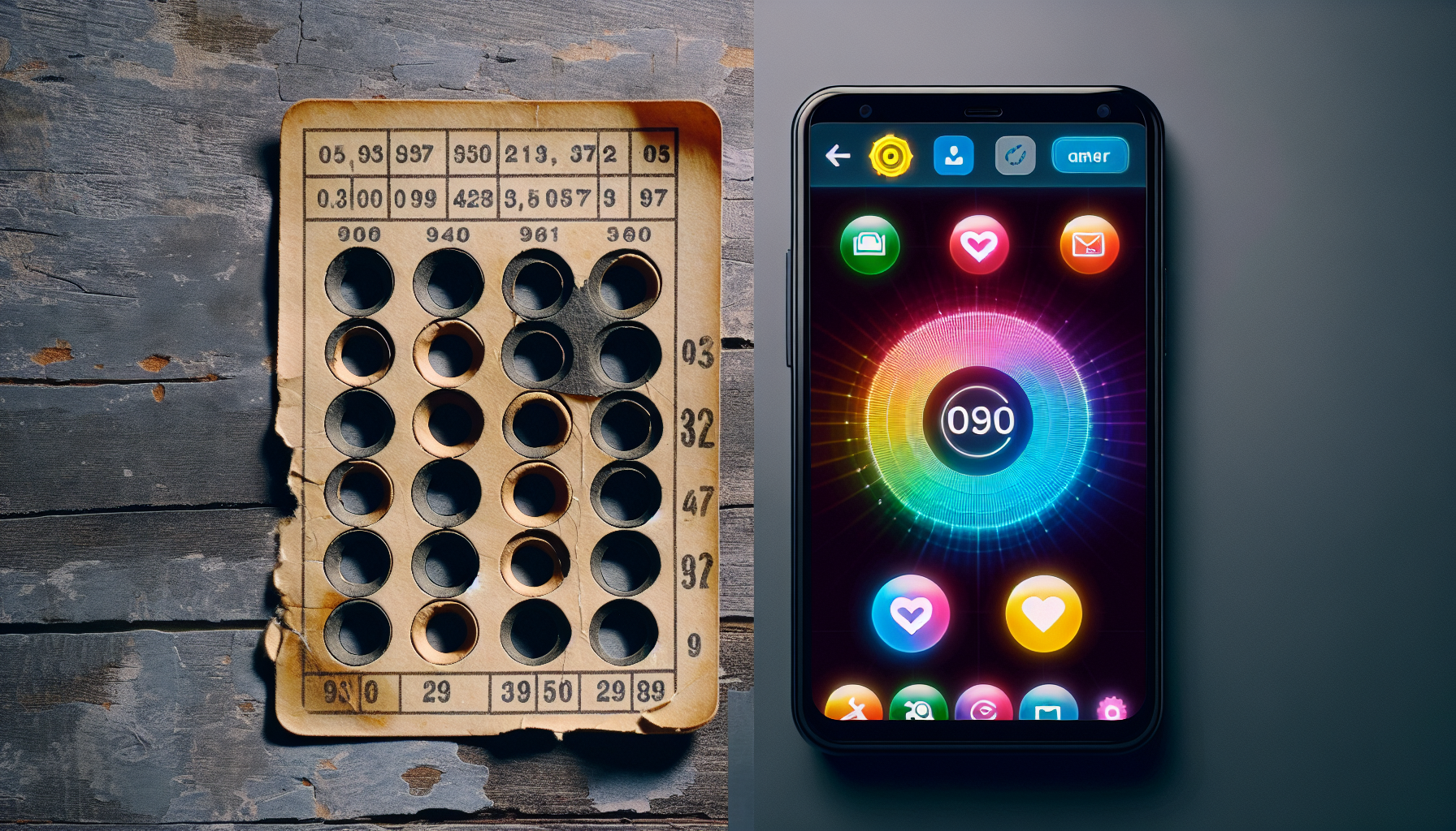 A worn-out bingo card with punched holes on the left and a modern smartphone displaying a colorful bingo app on the right, highlighting the contrast between traditional reward loyalty cards and modern incentive programs.