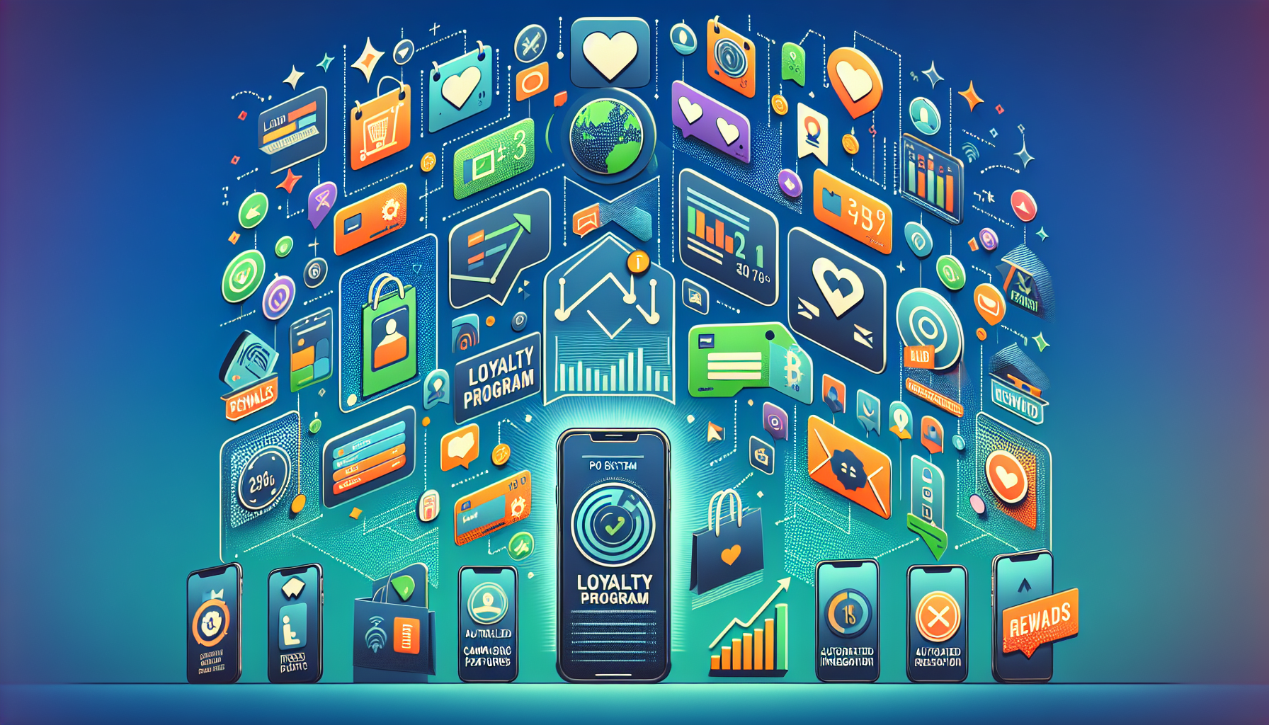 A digital illustration features a smartphone with Customer Loyalty Program Software surrounded by various colorful icons representing rewards, points, graphs, and notifications.