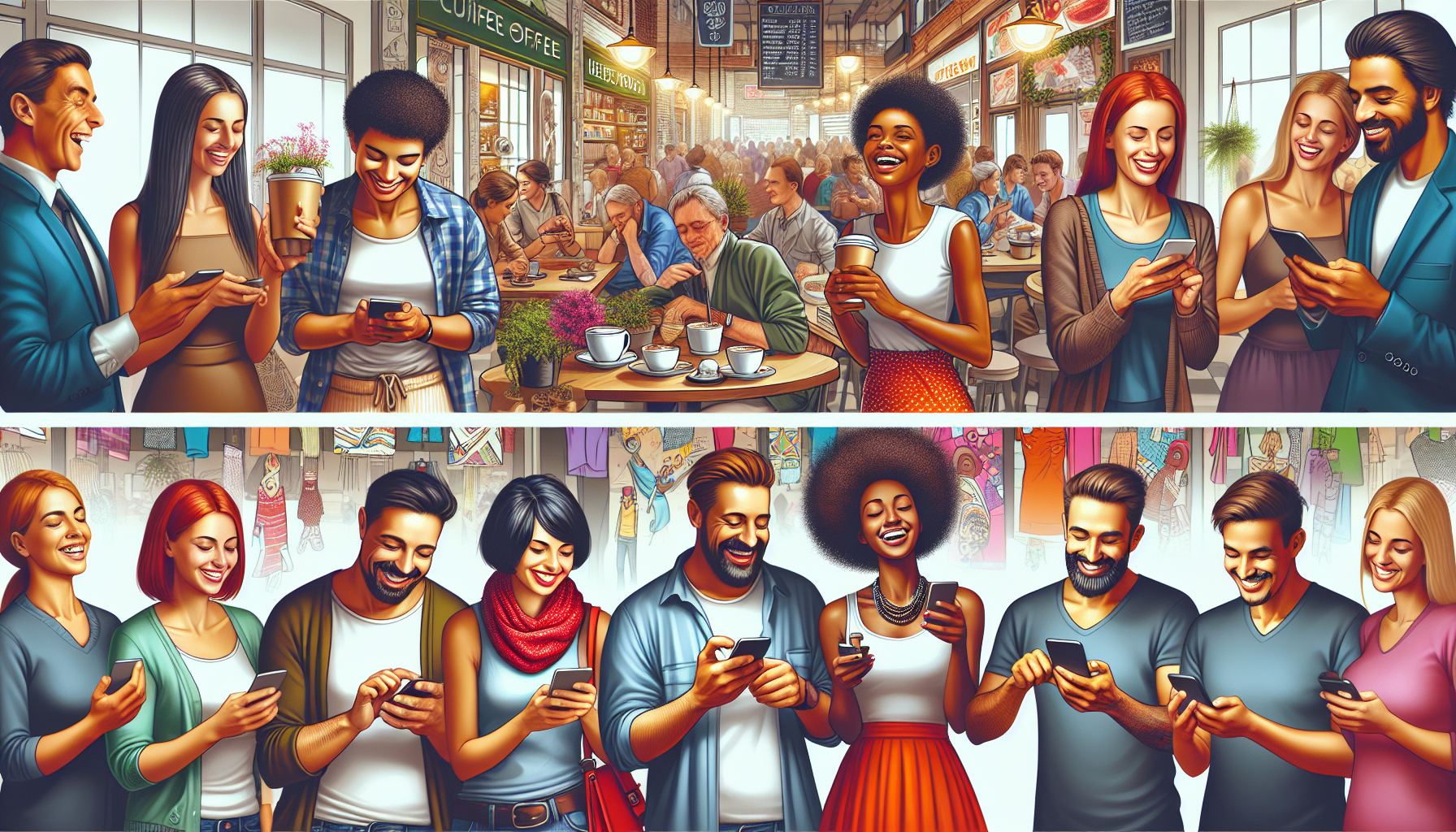 Two scenes of diverse people enjoying social activities: in the top image, they're in a busy café chatting and using smartphones; in the bottom image, they're smiling and using their phones in a public space, likely engaging with a virtual loyalty card app.