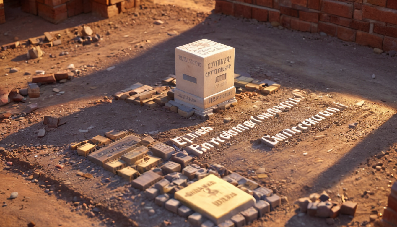 A stone monument with inscriptions sits on a dirt ground, surrounded by smaller engraved plaques and bricks, symbolizing the enduring impact of customer retention strategies.