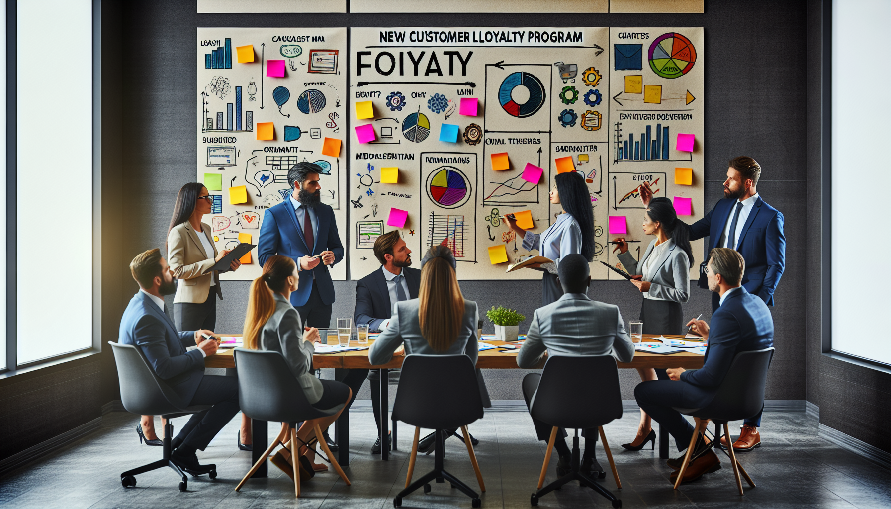 A group of professionals in a meeting room discuss ideas, surrounded by charts and sticky notes on a wall labeled "New Customer Loyalty Program," as they brainstorm ways to integrate a rewards app.