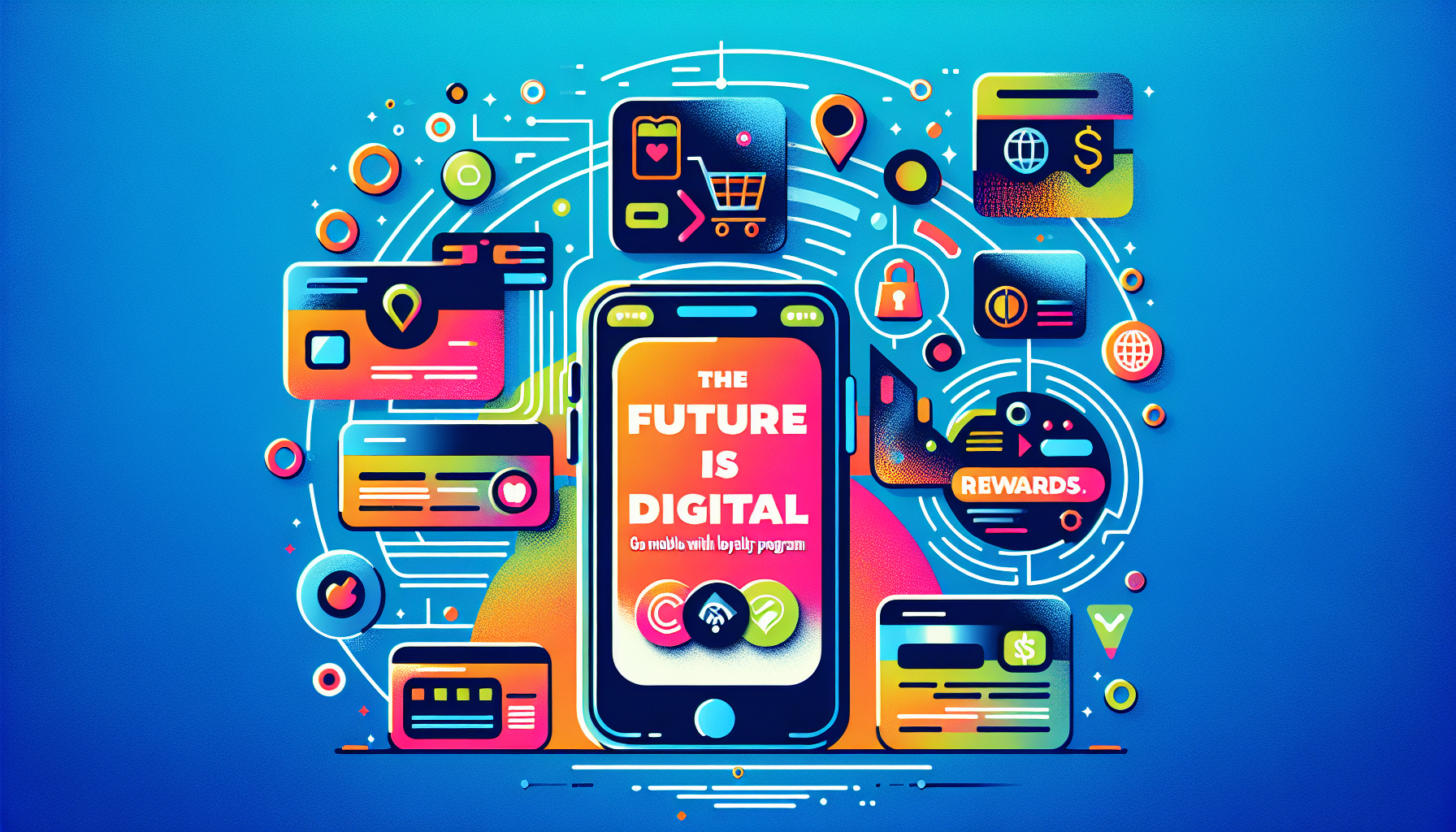 A smartphone surrounded by various digital icons, such as shopping carts, dollar signs, and location pins. Text on the phone reads, "The future is digital. Go mobile with our Customer Rewards Software.