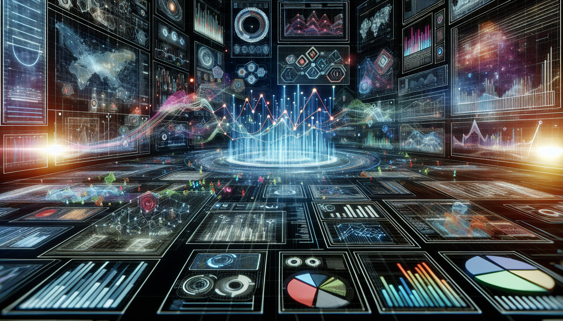 A futuristic digital screen array displaying various graphs, charts, and data visualizations in a high-tech setting, with vibrant colors and illuminated details focused on engagement tracking and Net Promoter Score analytics.