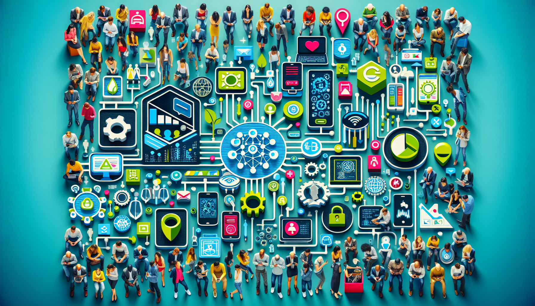 A diverse group of people surrounds various technology and data icons, representing concepts such as networking, cloud computing, customer loyalty program software, and statistics. The background is a gradient of blue and green.