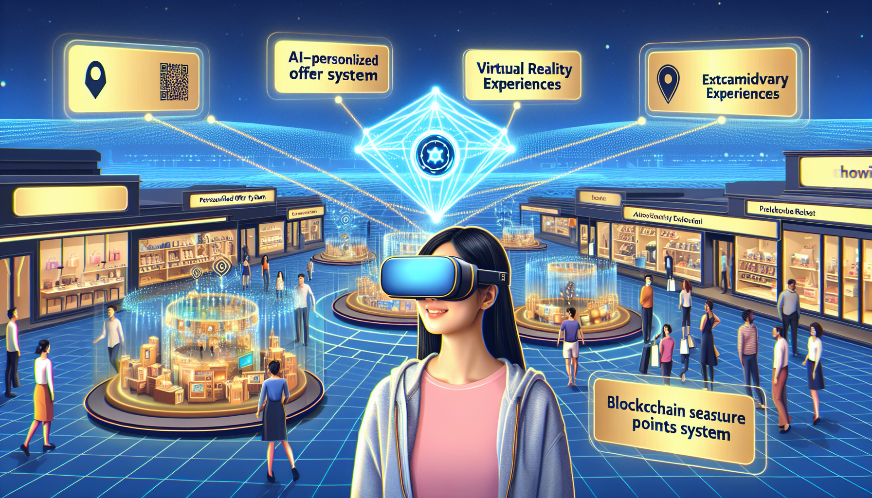 A person wearing a VR headset stands amidst a digital marketplace. Labels read "AI-personalized offer system", "Virtual Reality Experiences", "Extraordinary Experiences", and "Blockchain treasure points system," demonstrating cutting-edge membership benefits.