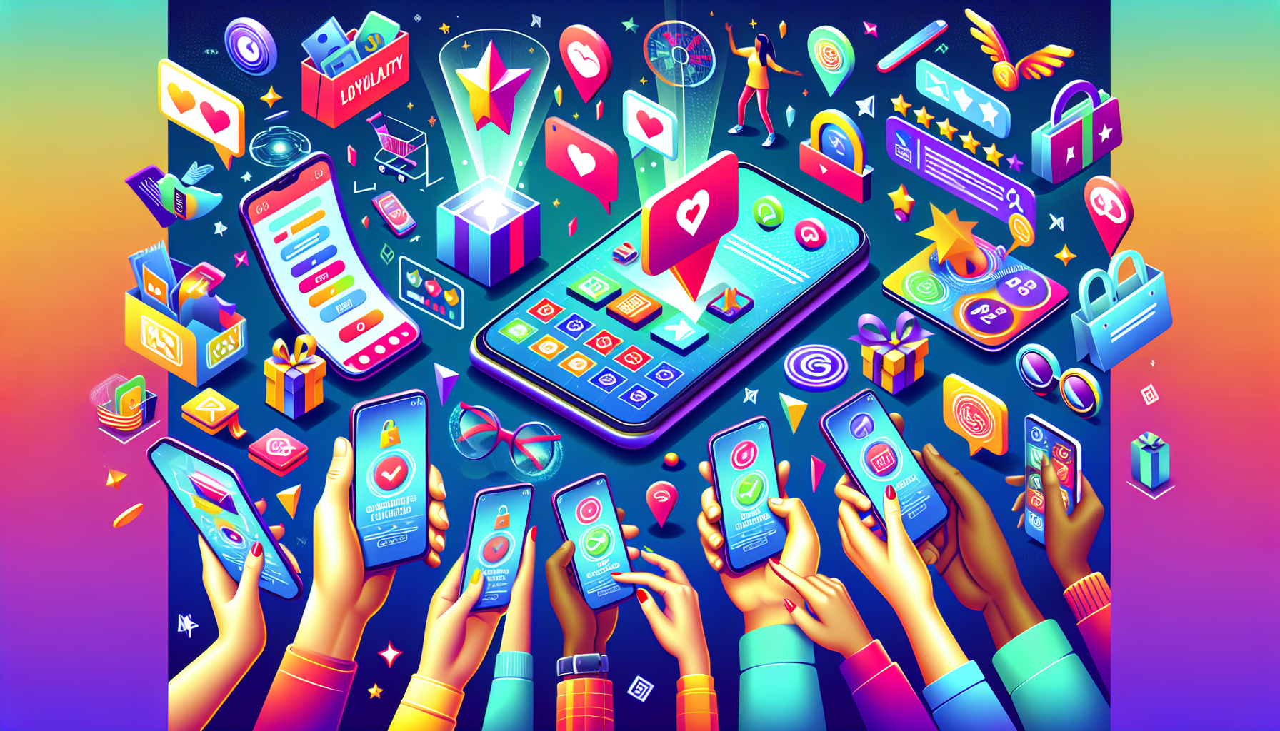 Illustration of hands holding smartphones surrounded by various app icons, such as social media, shopping, and gaming, with vibrant colors and digital effects depicting technology and connectivity. Among the icons are symbols for loyalty rewards, enhancing customer retention through engaging digital experiences.