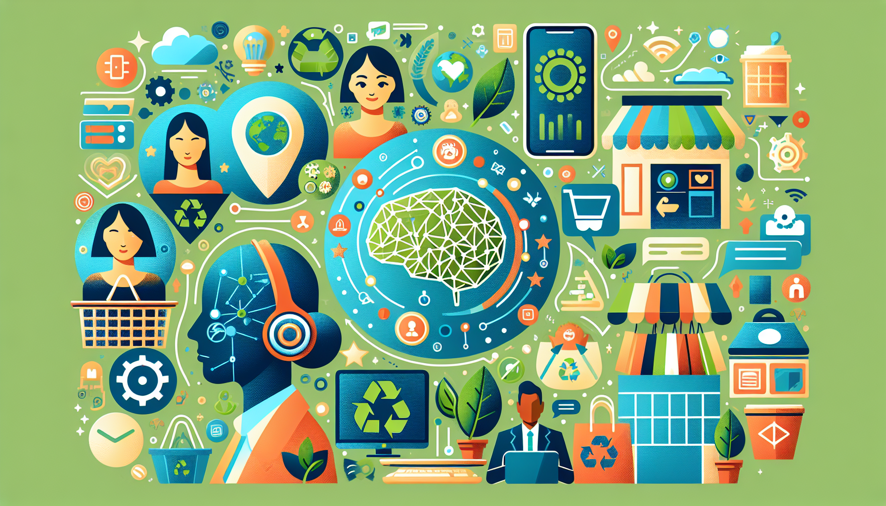 Illustration depicting various green and technological themes, including recycling icons, a brain symbolizing AI, people utilizing customer loyalty software, shopping carts, globe, headsets, plants, and eco-friendly symbols on a green background.