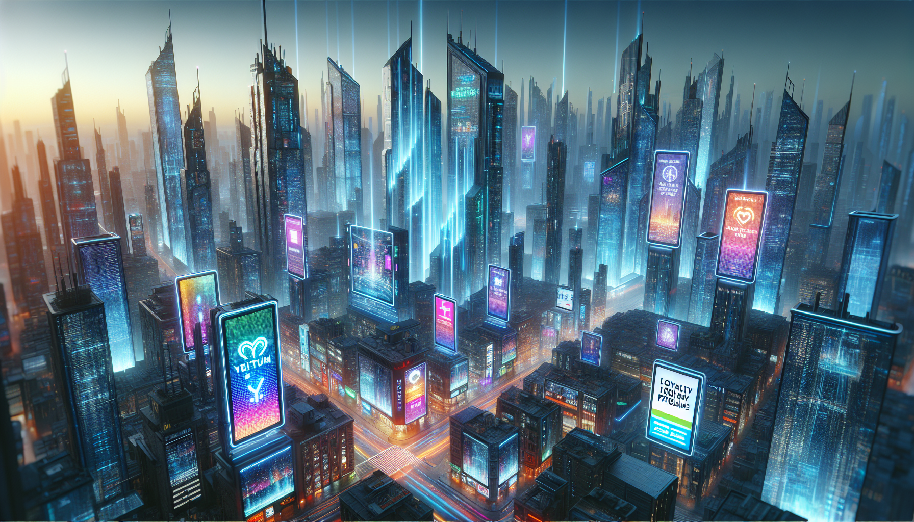 Amidst the futuristic cityscape featuring tall illuminated buildings and vibrant neon lights against a sunset sky, a new reward system seamlessly integrates, offering digital advertisements that highlight innovative loyalty card program software.