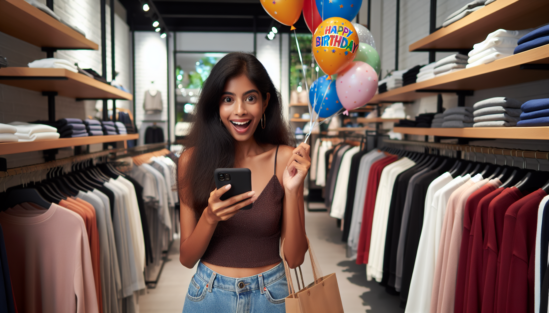 A person standing in a clothing store, holding a smartphone and a set of colorful "Happy Birthday" balloons, wearing a brown top and jeans, and looking surprised at receiving digital rewards from their virtual loyalty card app.