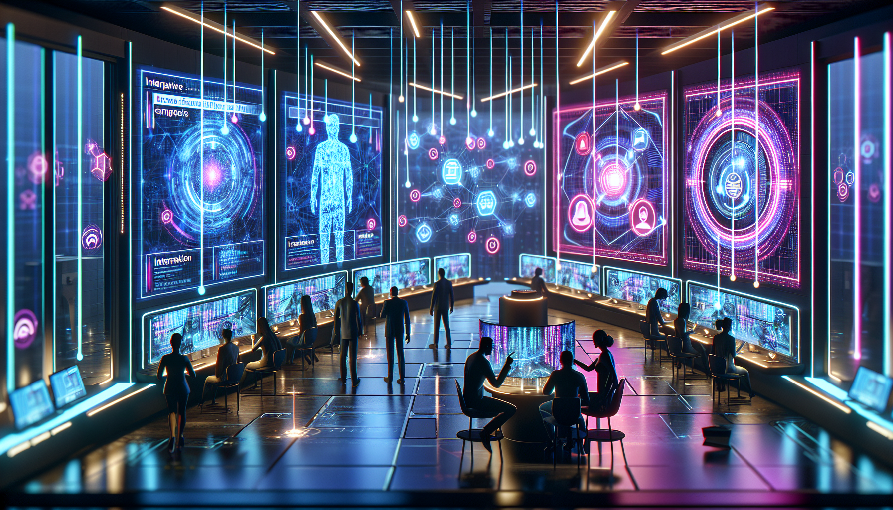 A high-tech command center with large digital screens displaying data. People are working at various computer stations, engaging in discussions and analyzing information amidst neon lighting, utilizing customer engagement tools to optimize strategies.