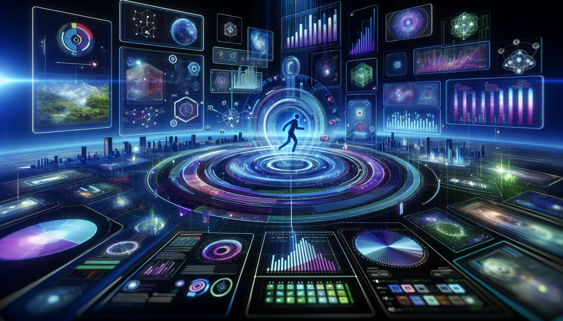 A person stands in a futuristic space surrounded by floating digital graphics and holograms displaying various datasets, charts, and scientific images, all seamlessly integrating details of a sophisticated customer rewards program.