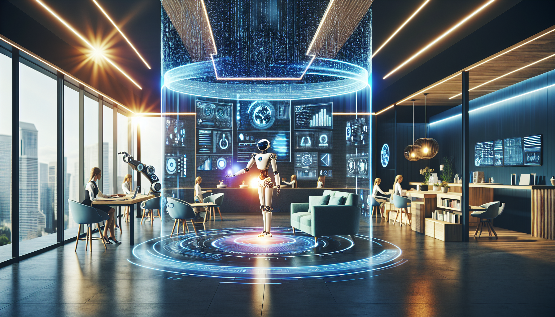 A futuristic office with people working on computers. A humanoid robot stands in the center, surrounded by holographic displays and charts, showcasing advanced customer engagement software and reward program solutions for a highly technological environment.