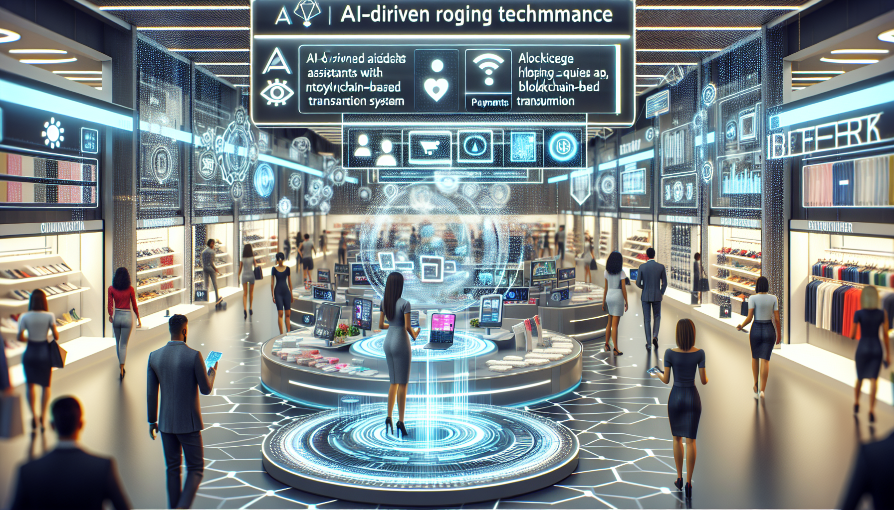 Shoppers in a high-tech mall with AI-driven holographic assistants and blockchain-based transaction systems can enjoy enhanced customer engagement. Digital screens showcase futuristic interfaces alongside innovative loyalty programs and reward systems, creating a seamless and immersive shopping experience.