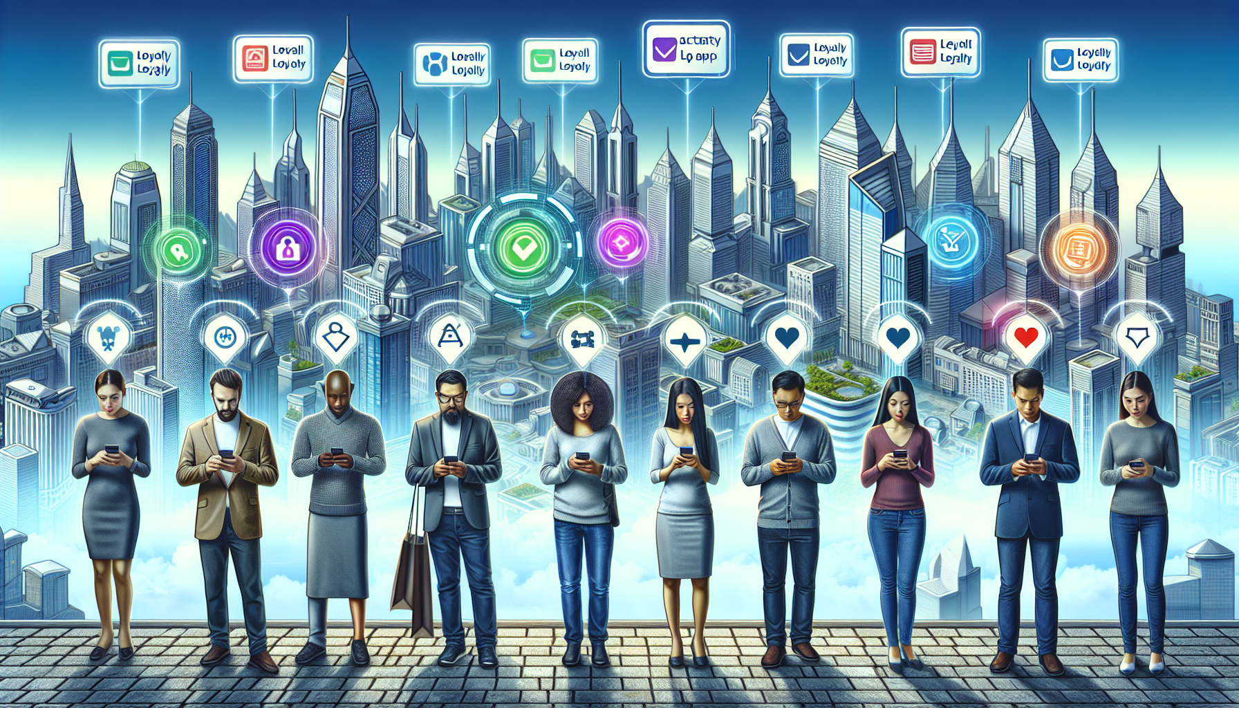 Eight individuals stand on a tiled surface, using smartphones, surrounded by digital icons against a city skyline backdrop, representing various technology and connectivity themes, highlighting customer engagement tactics and brand loyalty initiatives.